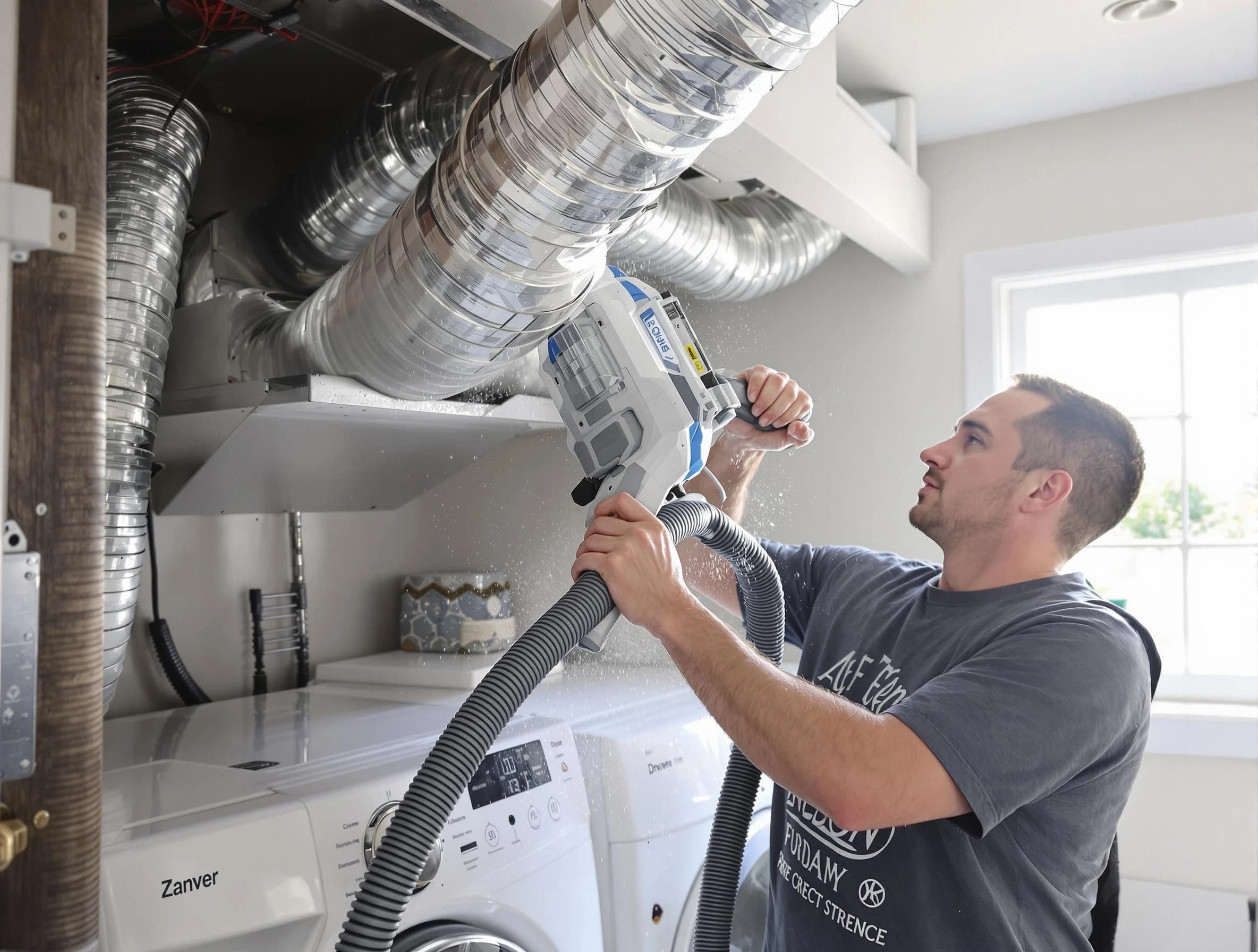 Framingham Dryer Vent Cleaning specialist cleaning deep within a dryer vent duct system in Framingham