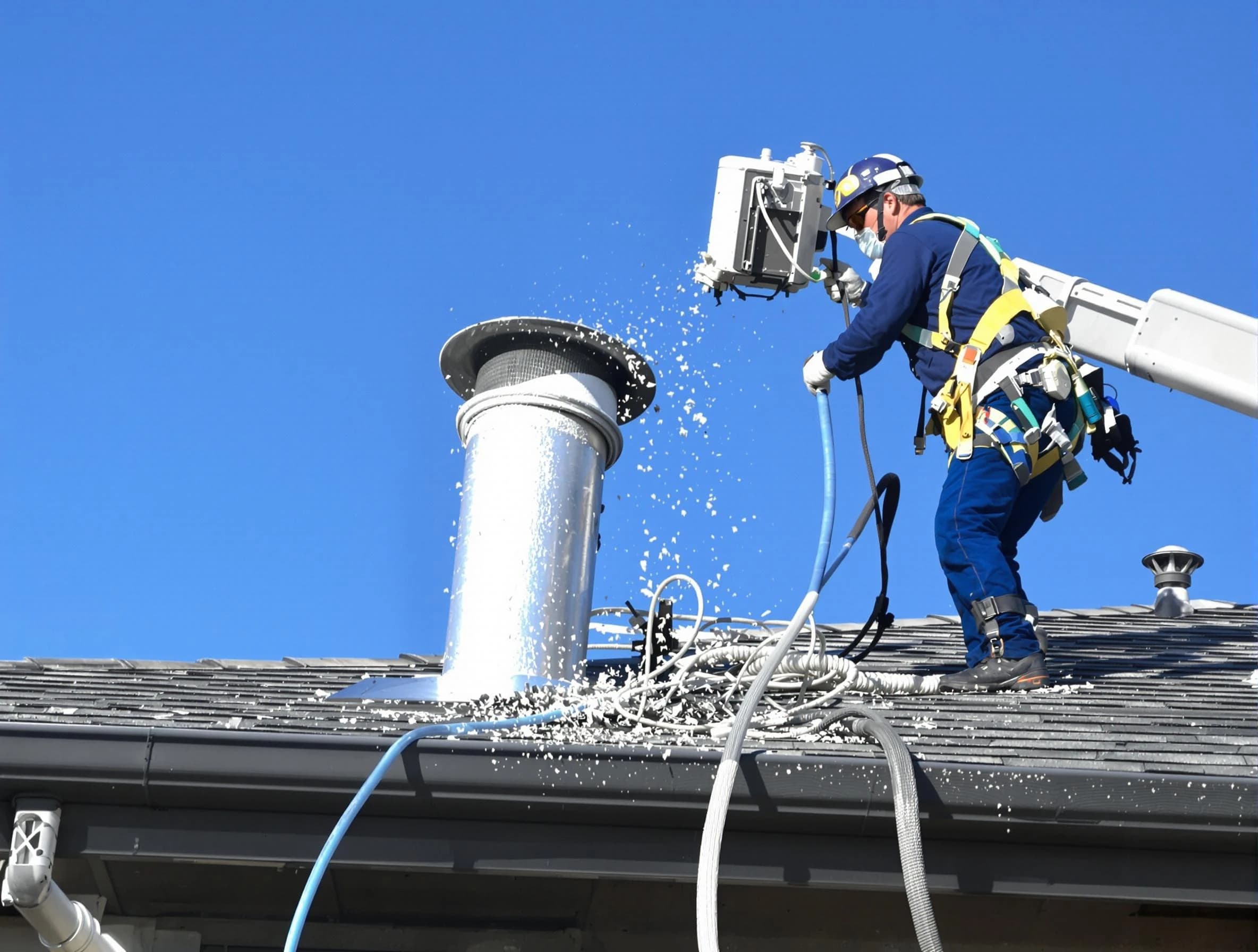 Framingham Dryer Vent Cleaning certified technician safely cleaning a roof-mounted dryer vent in Framingham