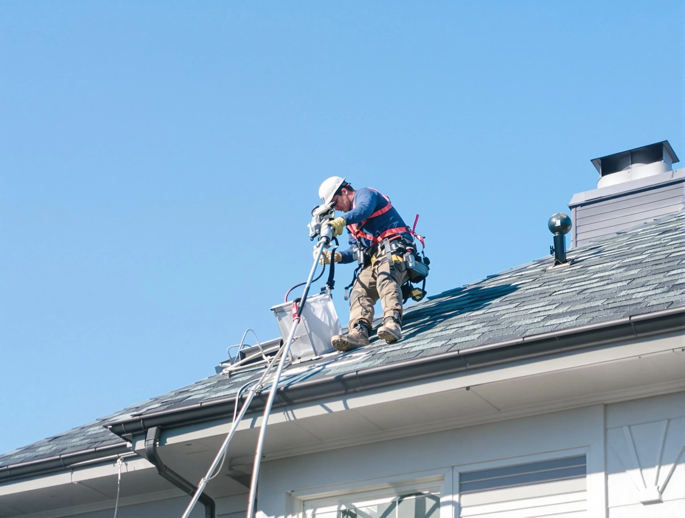 Framingham Dryer Vent Cleaning certified technician cleaning a roof-mounted dryer vent system in Framingham