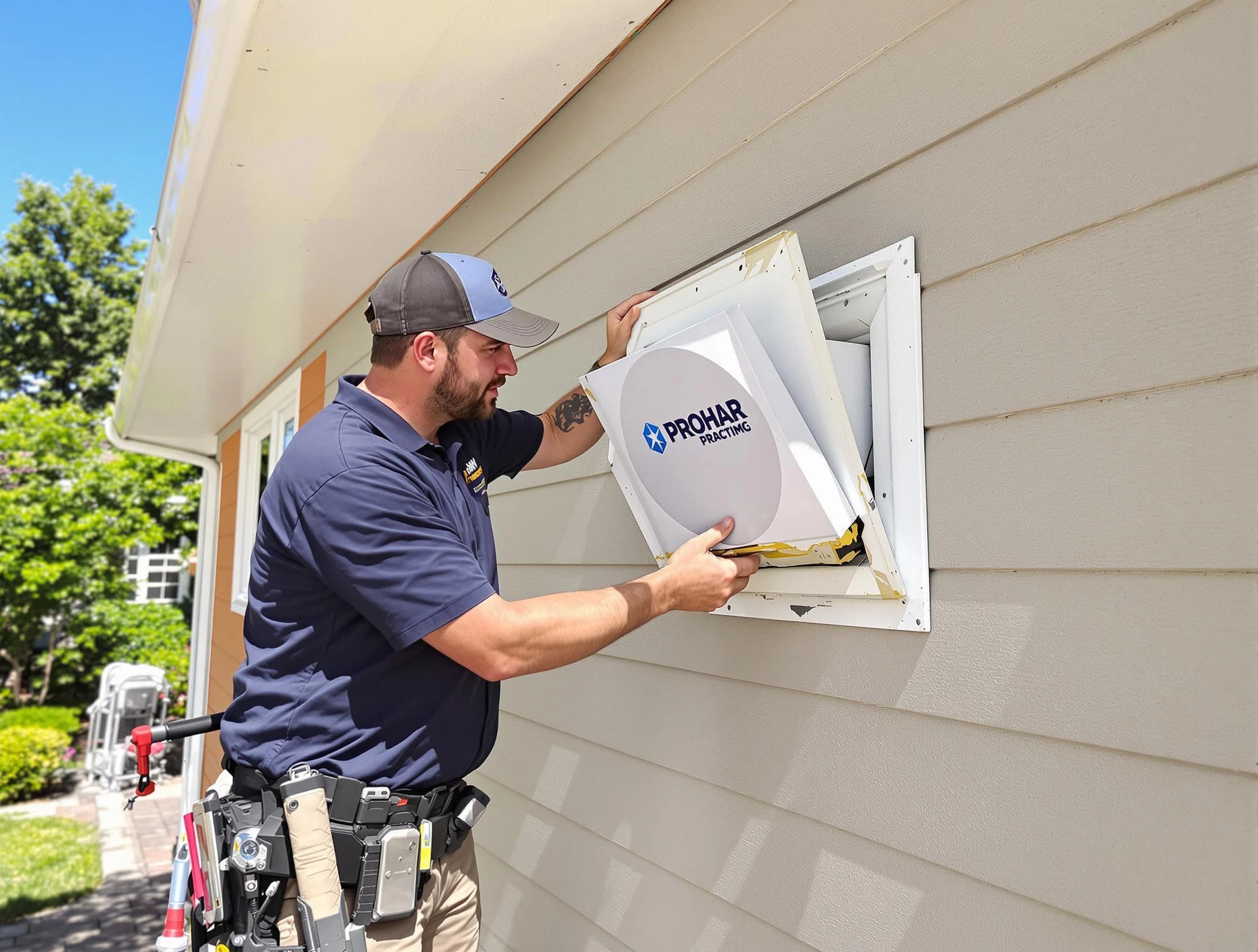 Framingham Dryer Vent Cleaning technician installing a new protective dryer vent cover on a home in Framingham