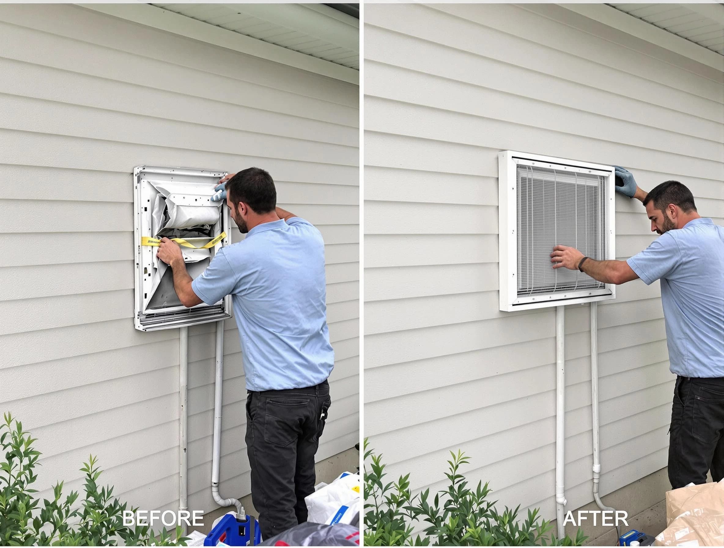 Framingham Dryer Vent Cleaning technician installing high-quality dryer vent cover at a residential property in Framingham